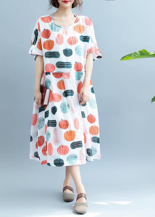 100% Pumpkin  Print Robes O Neck  Maxi Summer Dress - SooLinen