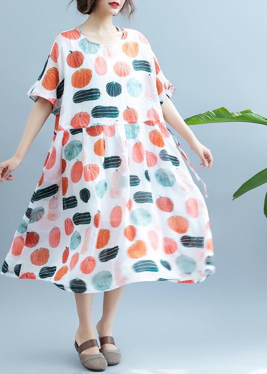 100% Pumpkin  Print Robes O Neck  Maxi Summer Dress - SooLinen