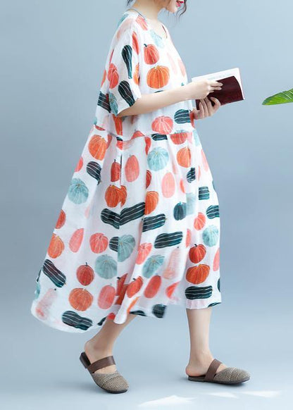 100% Pumpkin  Print Robes O Neck  Maxi Summer Dress - SooLinen