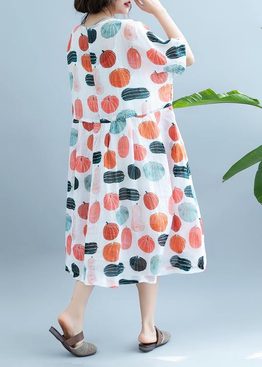 100% Pumpkin  Print Robes O Neck  Maxi Summer Dress - SooLinen