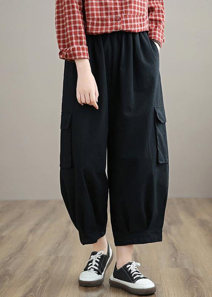 100% Spring Trousers Women's Black Pattern Elastic Waist Pockets Wild Pants - SooLinen