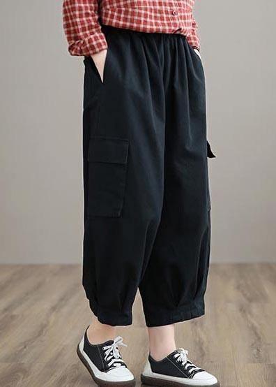 100% Spring Trousers Women's Black Pattern Elastic Waist Pockets Wild Pants - SooLinen