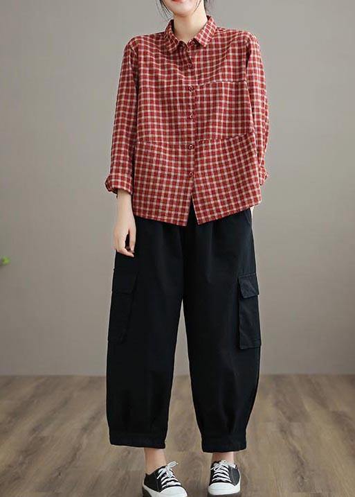 100% Spring Trousers Women's Black Pattern Elastic Waist Pockets Wild Pants - SooLinen