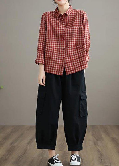 100% Spring Trousers Women's Black Pattern Elastic Waist Pockets Wild Pants - SooLinen