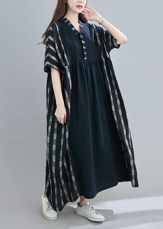 100% V Neck Patchwork Spring Clothes Sleeve Black Plaid Maxi Dress - SooLinen