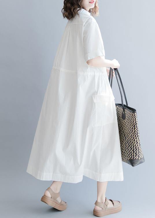 100% White Cotton Tunic Drawstring long Summer Dress - SooLinen