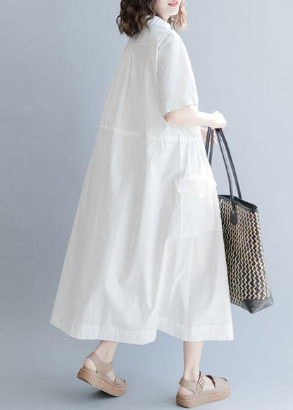 100% White Cotton Tunic Drawstring long Summer Dress - SooLinen