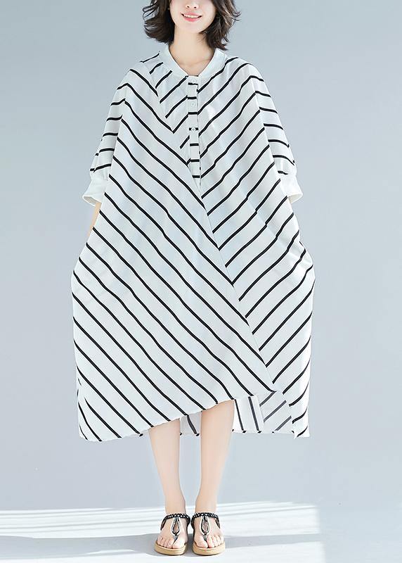 100% White Striped Tunic Dress Asymmetric  Spring Dress - SooLinen