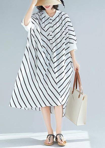 100% White Striped Tunic Dress Asymmetric  Spring Dress - SooLinen
