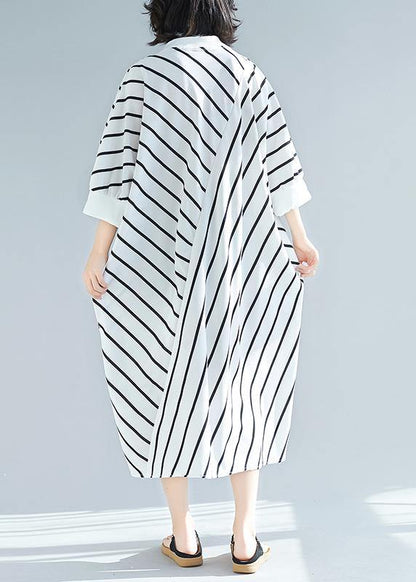 100% White Striped Tunic Dress Asymmetric  Spring Dress - SooLinen
