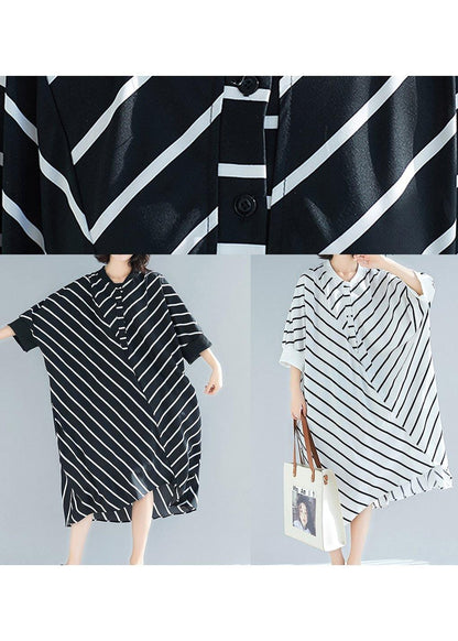 100% White Striped Tunic Dress Asymmetric  Spring Dress - SooLinen