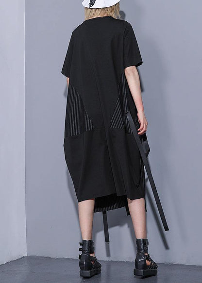 100% black Cotton 0patchwork striped Plus Size summer Dresses - SooLinen