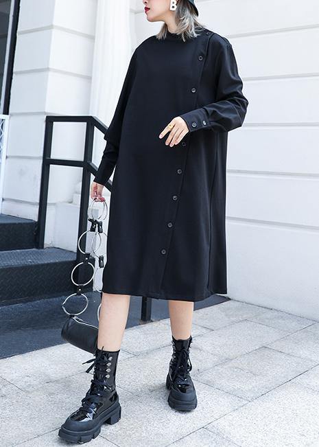 100% black Cotton tunic top stand collar Button cotton fall Dress - SooLinen