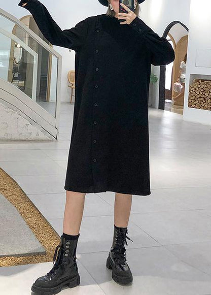100% black Cotton tunic top stand collar Button cotton fall Dress - SooLinen