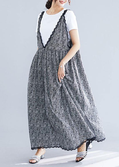 100% black floral v neck chiffon quilting dresses lace ruffles Maxi summer Dress - SooLinen