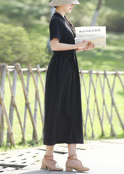 100% black linen dresses tie waist long summer stand collar Dress - SooLinen