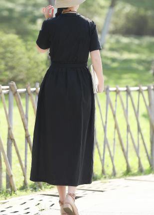 100% black linen dresses tie waist long summer stand collar Dress - SooLinen