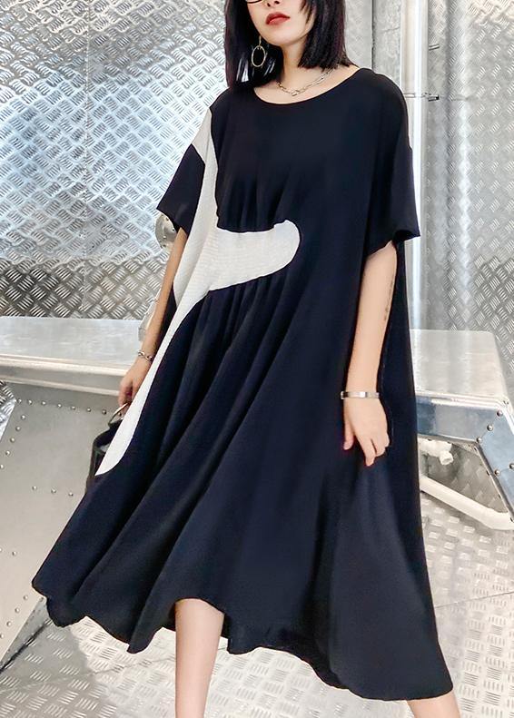 100% black Cinched dress o neck patchwork short Dress - SooLinen