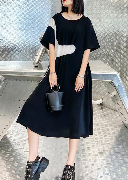 100% black Cinched dress o neck patchwork short Dress - SooLinen