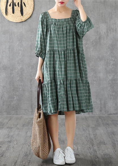 100% green plaid cotton linen Tunic Square Collar patchwork A Lin Dresses - SooLinen