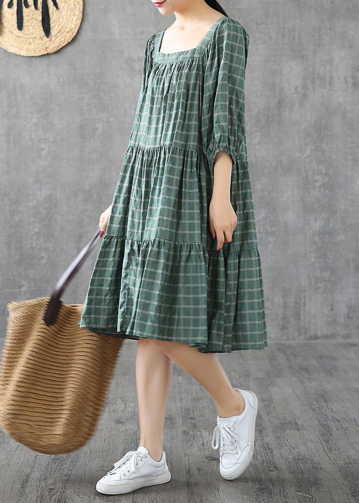 100% green plaid cotton linen Tunic Square Collar patchwork A Lin Dresses - SooLinen