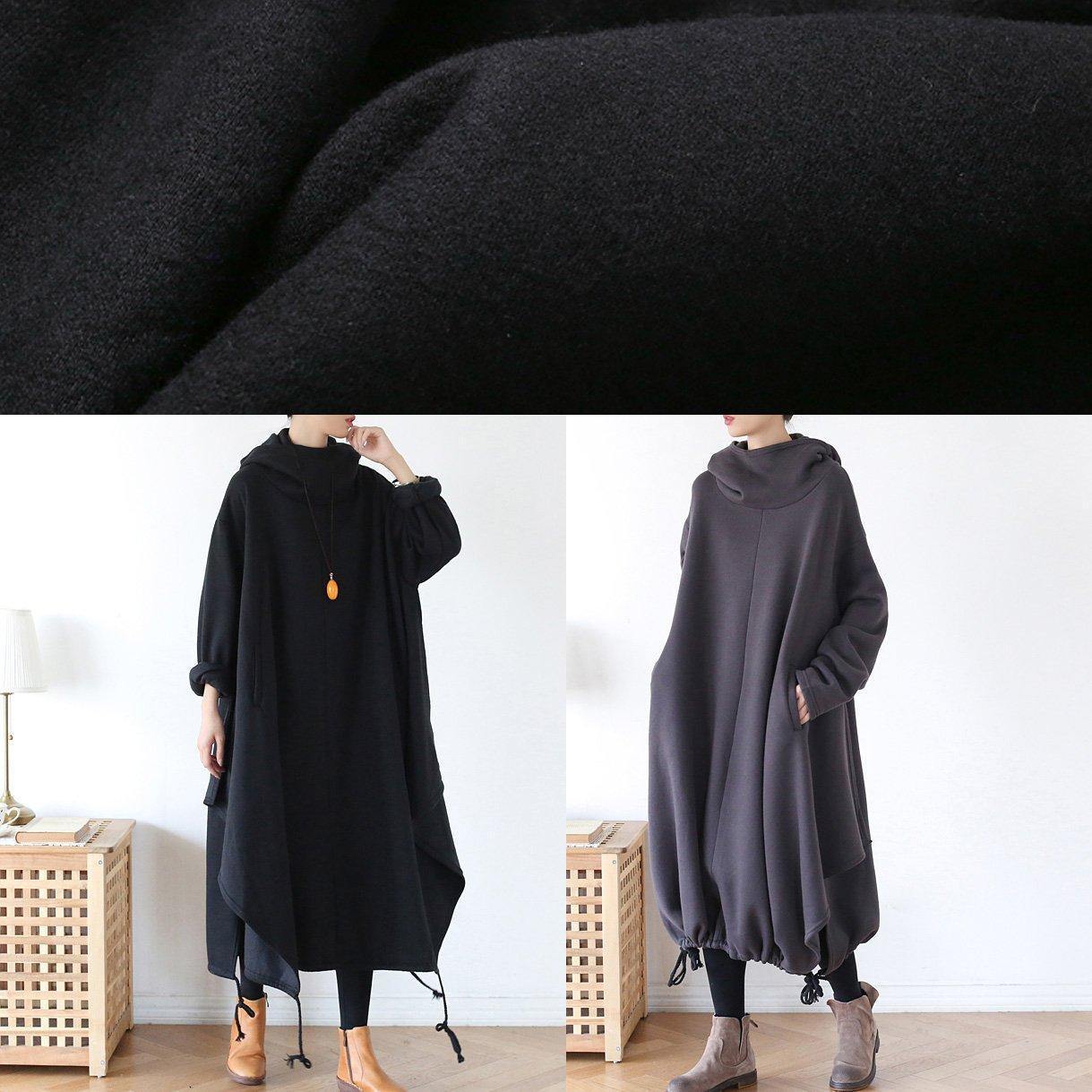 100% hooded asymmetric cotton Wardrobes Work black Maxi Dress - SooLinen