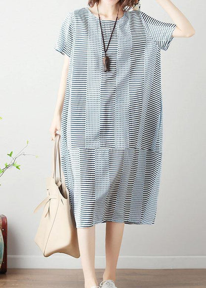 100% light blue striped Cotton Long Shirts patchwork Dresses summer Dresses - SooLinen