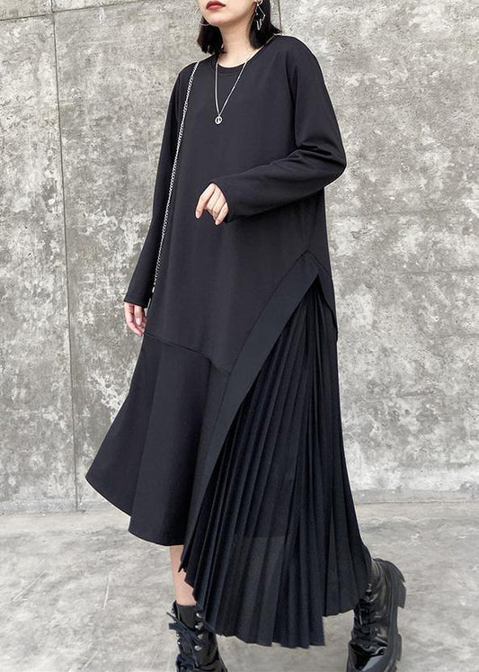 100% o neck Ruffles cotton clothes Women Outfits black long Dresses - SooLinen