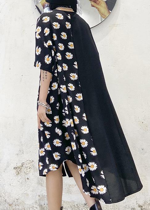 100% o neck asymmetric cotton clothes Shirts black print cotton robes Dress - SooLinen