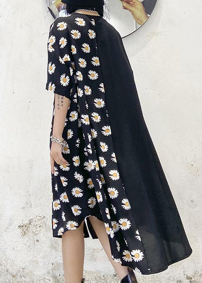 100% o neck asymmetric cotton clothes Shirts black print cotton robes Dress - SooLinen