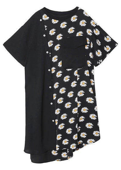 100% o neck asymmetric cotton clothes Shirts black print cotton robes Dress - SooLinen