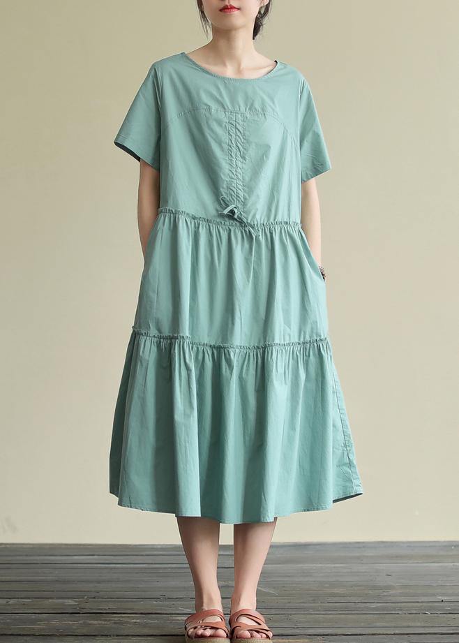 100% o neck drawstring cotton summerdresses Fabrics green Art Dresses - SooLinen
