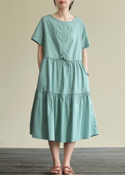 100% o neck drawstring cotton summerdresses Fabrics green Art Dresses - SooLinen
