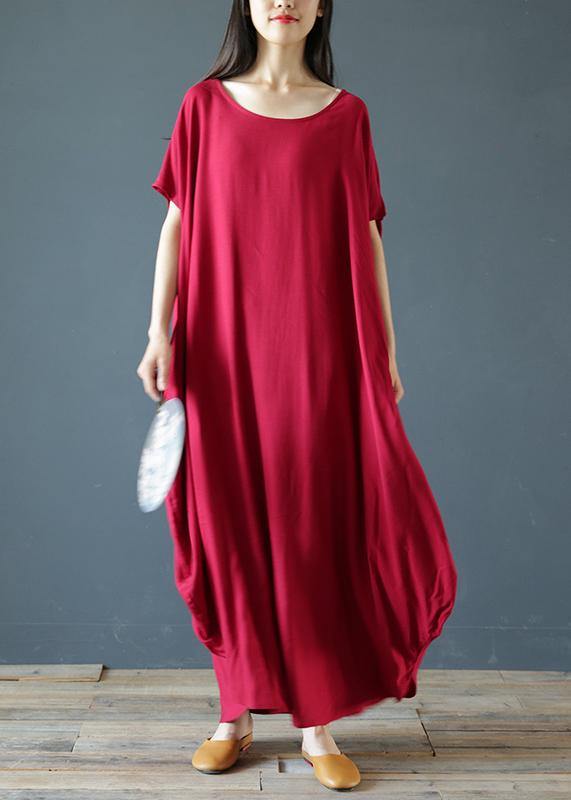 100% o neck exra large hem summer clothes Sleeve burgundy Maxi Dress - SooLinen