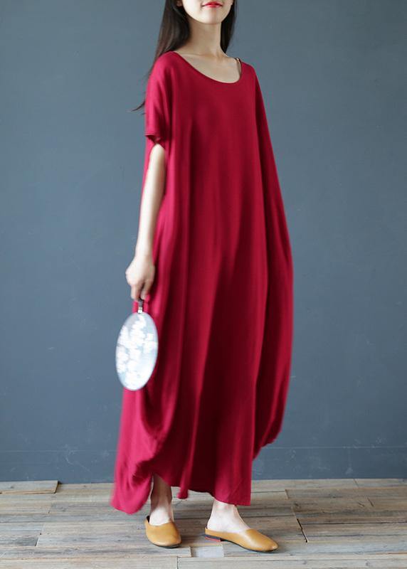 100% o neck exra large hem summer clothes Sleeve burgundy Maxi Dress - SooLinen