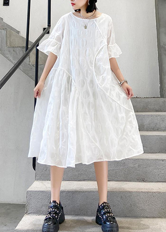 100% o neck flare sleeve cotton tunics for women Fabrics white dotted Dresses - SooLinen