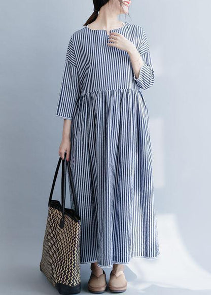 100% o neck half sleeve cotton dresses Neckline blue striped Maxi Dress fall - SooLinen