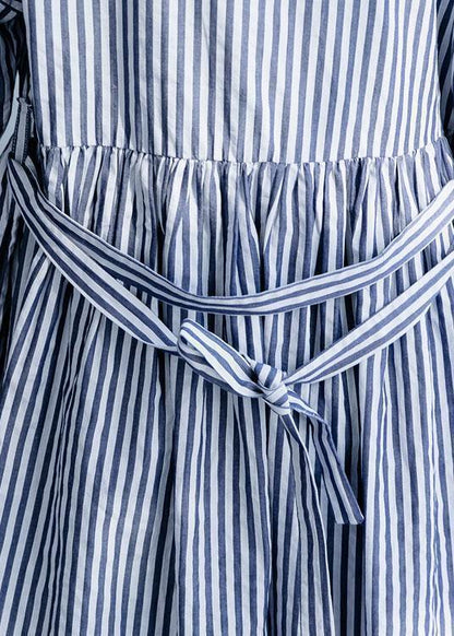 100% o neck half sleeve cotton dresses Neckline blue striped Maxi Dress fall - SooLinen