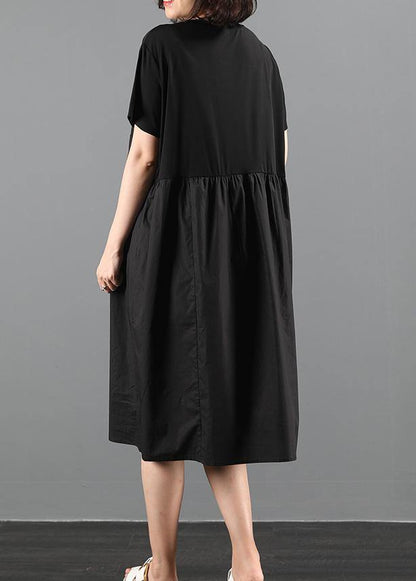 100% o neck patchwork clothes Catwalk black loose Dresses - SooLinen