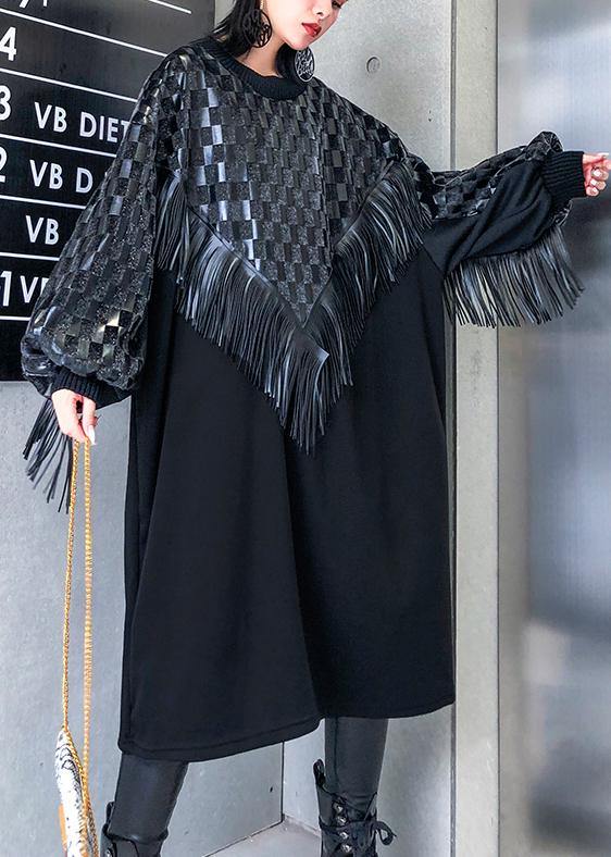 100% o neck patchwork tassel clothes Women Runway black plaid Maxi Dress - SooLinen