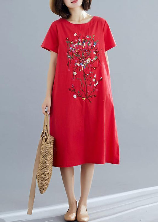 100% red Cotton Long Shirts stylish Inspiration prints Plus Size summer Dresses - SooLinen