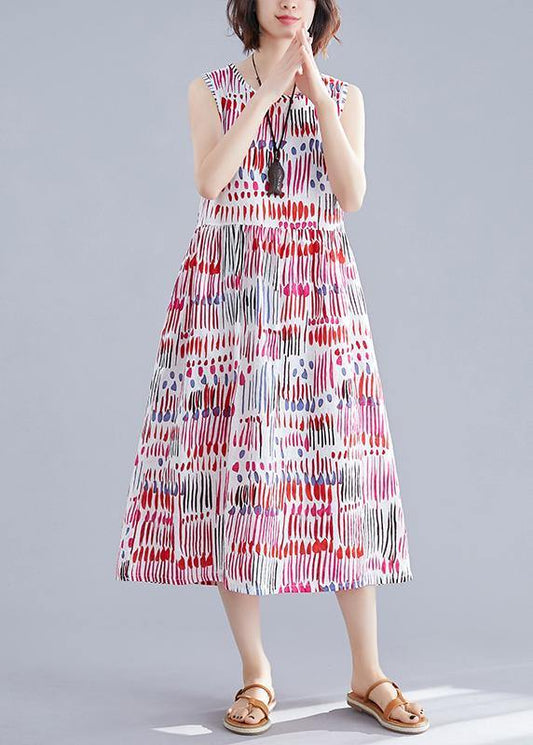 100% red striped Cotton clothes For Women o neck sleeveless Midi Dress - SooLinen