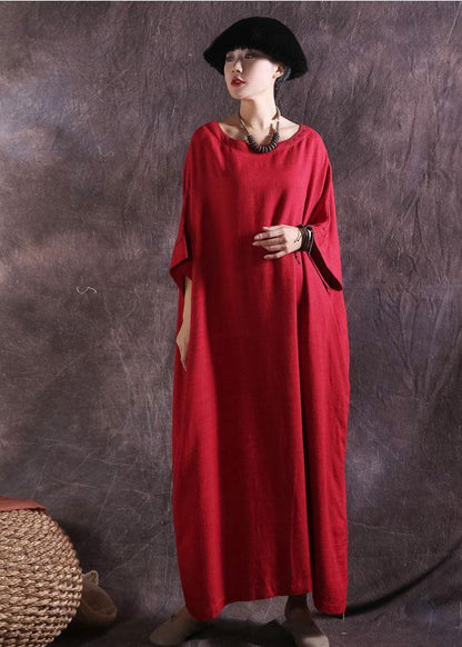 100% solid color cotton quilting clothes Catwalk red o neck Dresses summer - SooLinen