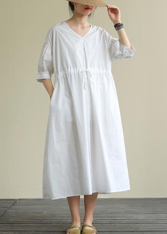 100% white cotton tunic pattern v neck drawstring Maxi Dress - SooLinen