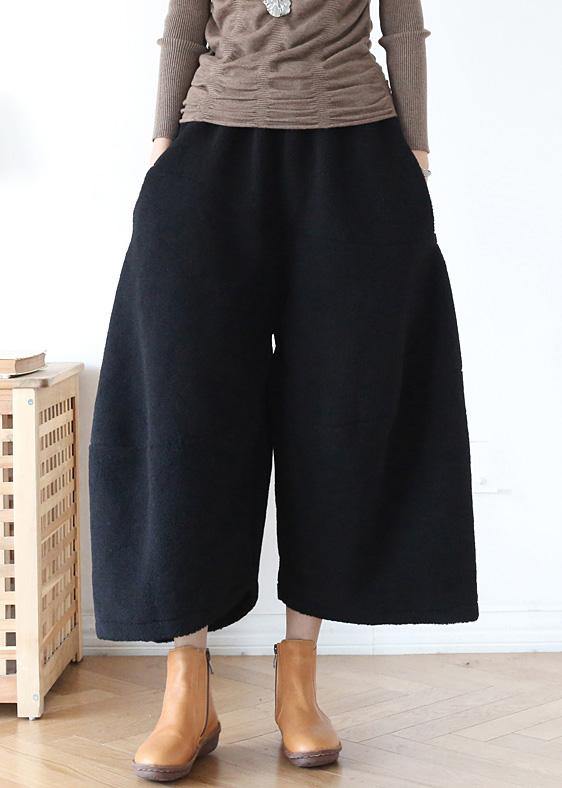 100% wide leg pants stylish black elastic waist trousers - SooLinen