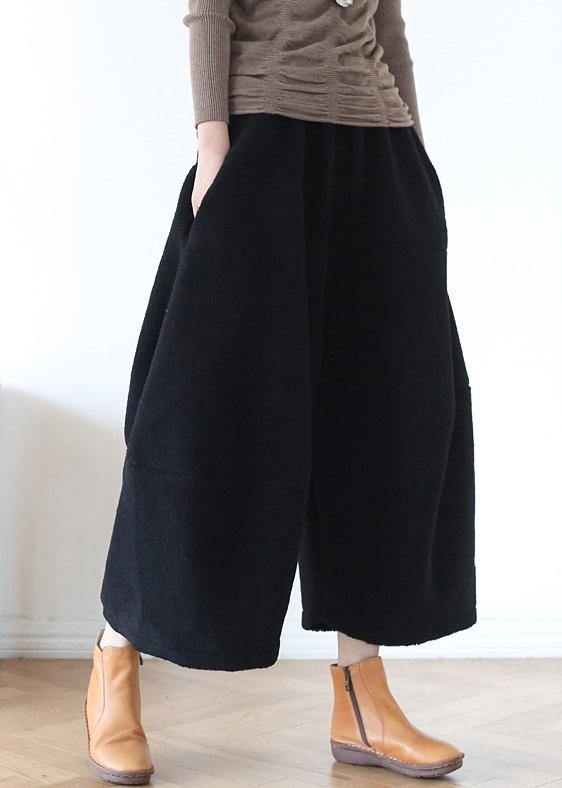 100% wide leg pants stylish black elastic waist trousers - SooLinen