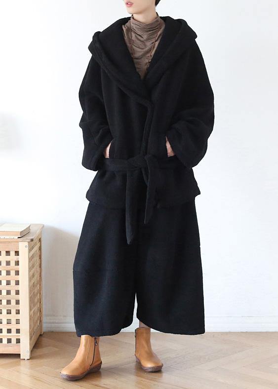 100% wide leg pants stylish black elastic waist trousers - SooLinen