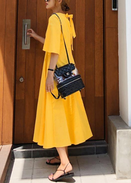 100% yellow cotton linen Long Shirts flare sleeve Bow loose summer Dress - SooLinen