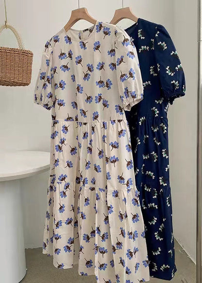 100 % blaues Baumwollkleid mit Print, taillierte A-Linie, Sommerkleider
