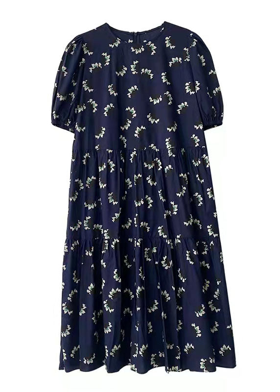 100 % blaues Baumwollkleid mit Print, taillierte A-Linie, Sommerkleider